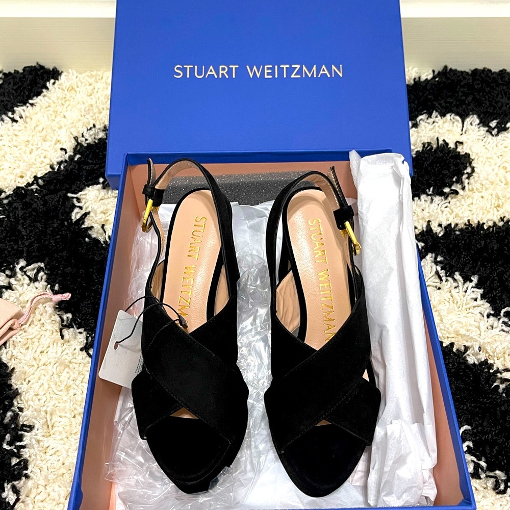 NIB Women’s Size 35 Stuart Weitzman Jerry Black Suede Sandals With Buckle Strap - Picture 5 of 15